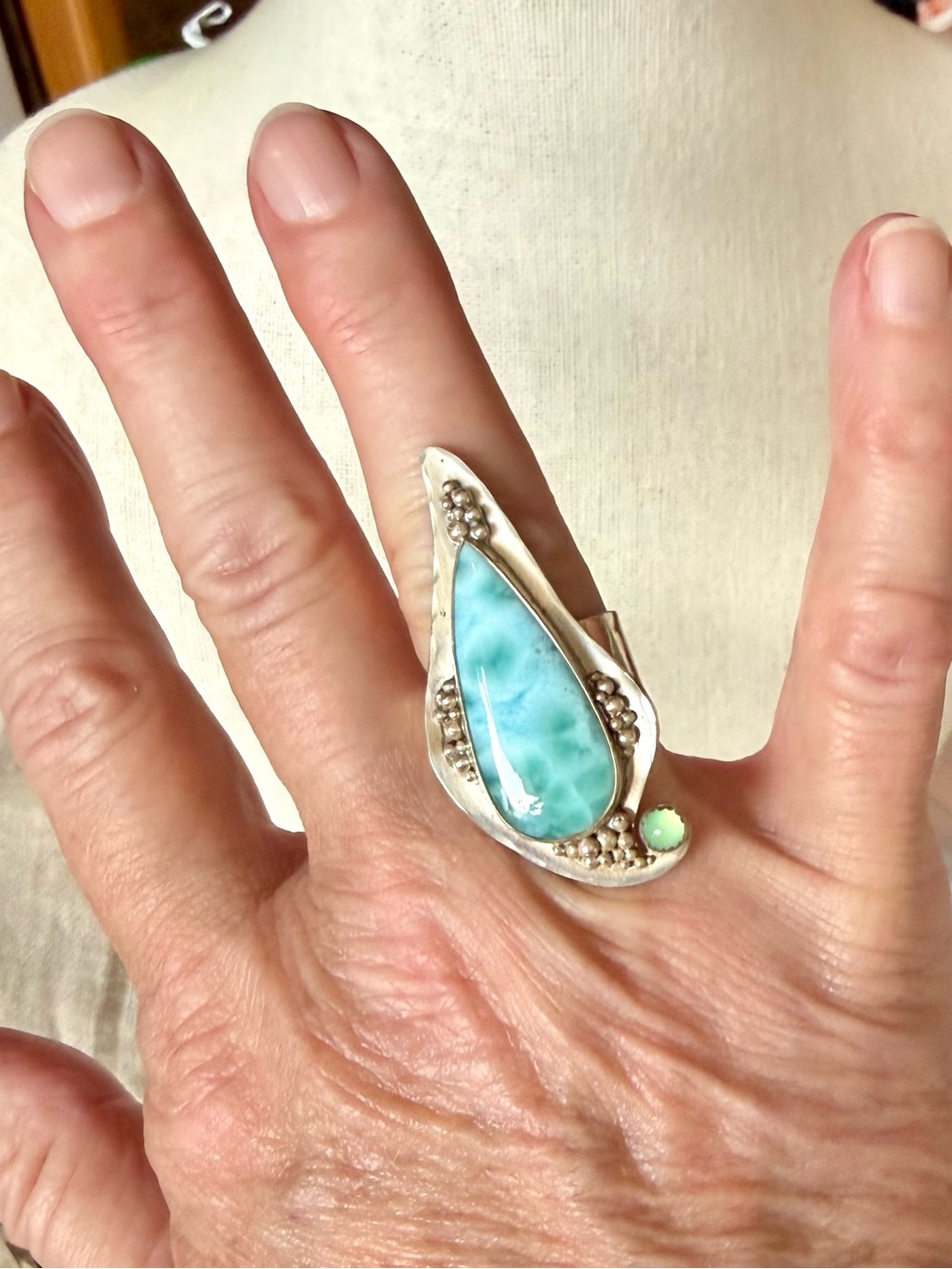 Larimar, Opal and Silver Ring, Size 7 Adjustable